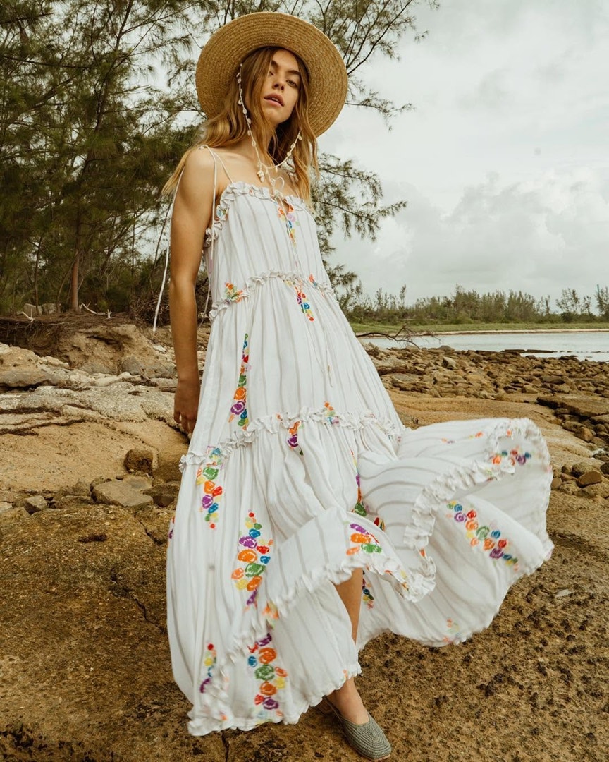 Mochi All Things Mady Striped Floral Embroidered Sleeveless Maxi Dress White Xs